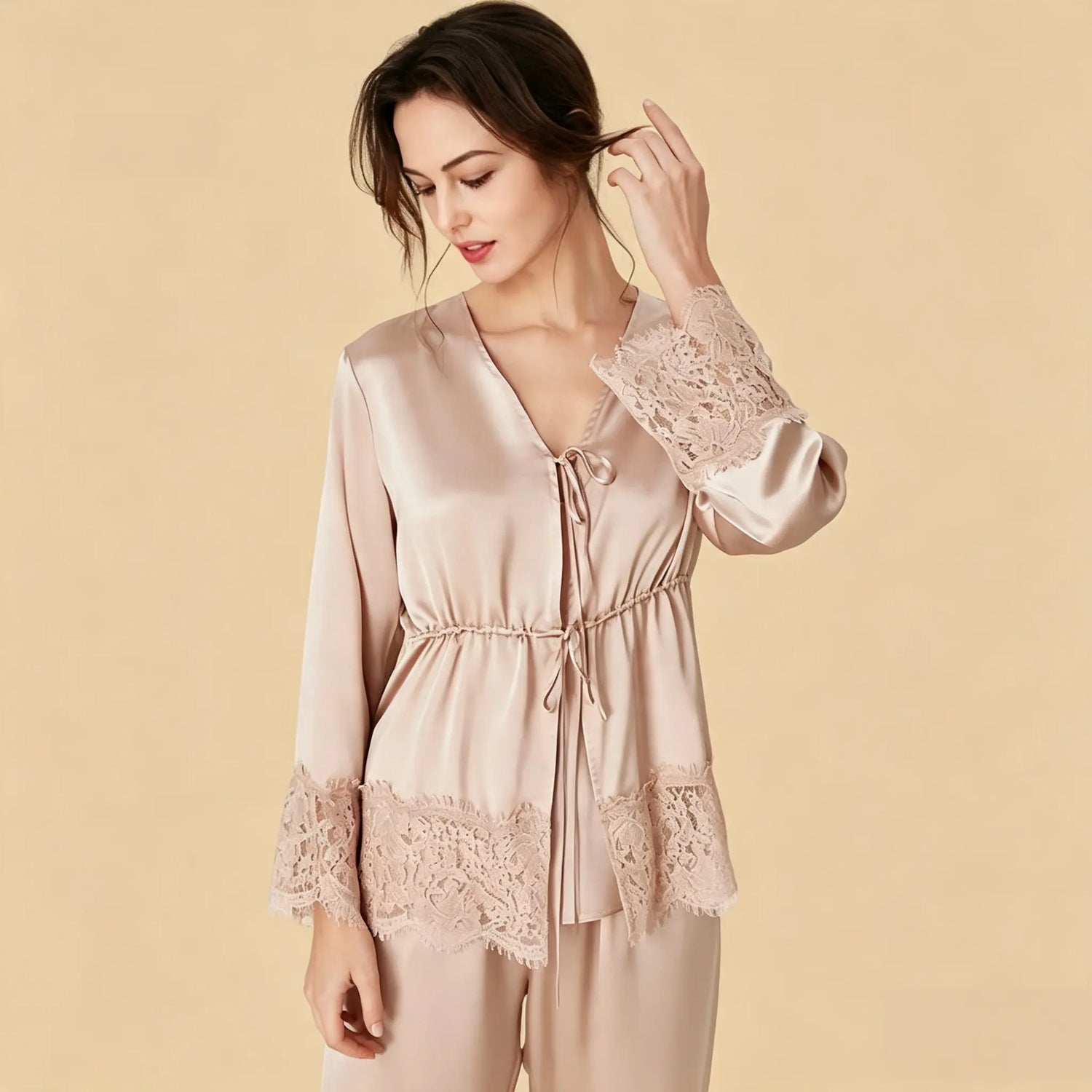 100% Mulberry Silk 16Momme Three-Piece Camisole Set with Lace-Trim and Belt Design