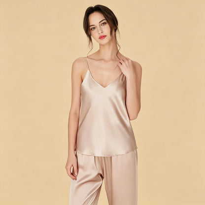 100% Mulberry Silk 16Momme Three-Piece Camisole Set with Lace-Trim and Belt Design