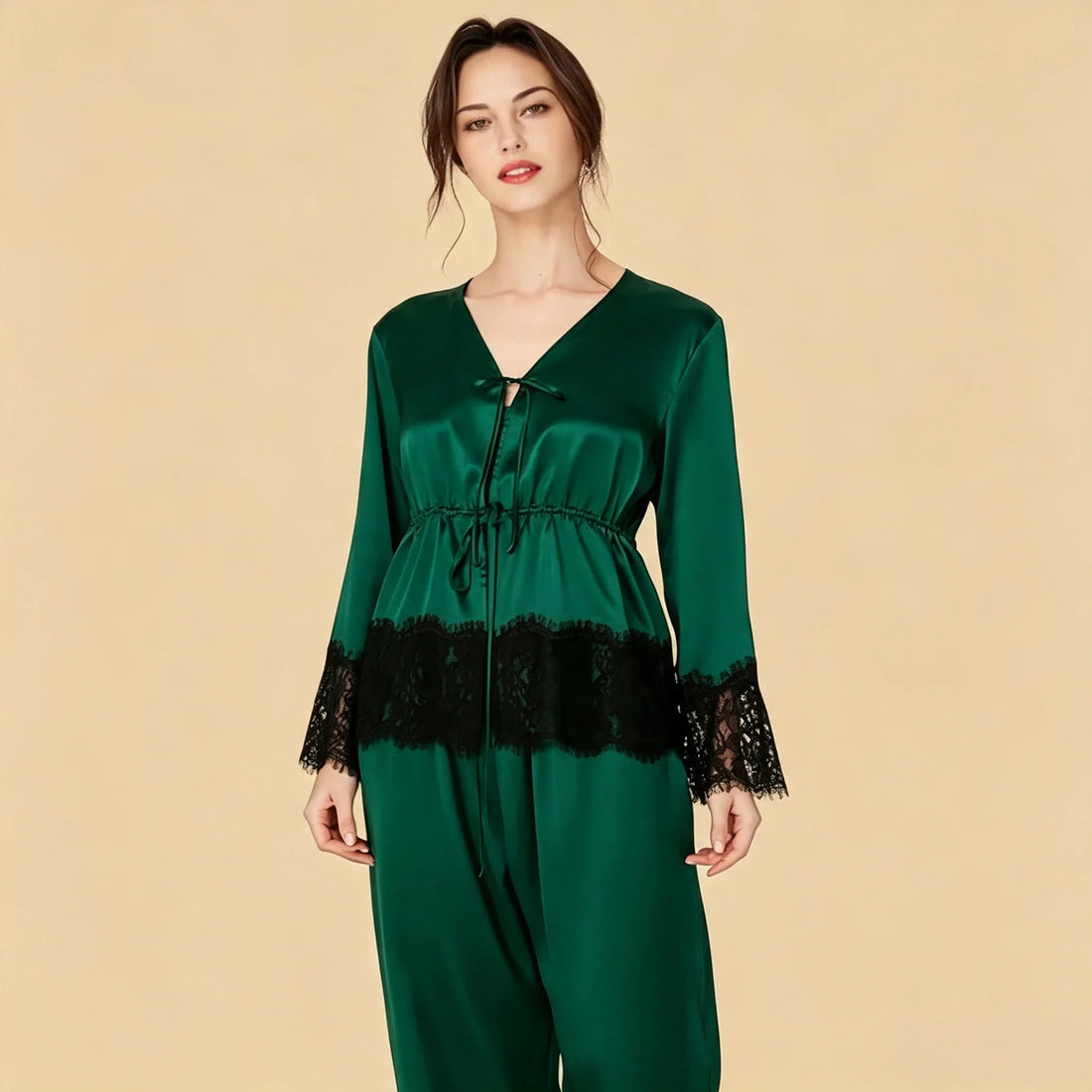 100% Mulberry Silk 16Momme Three-Piece Camisole Set with Lace-Trim and Belt Design