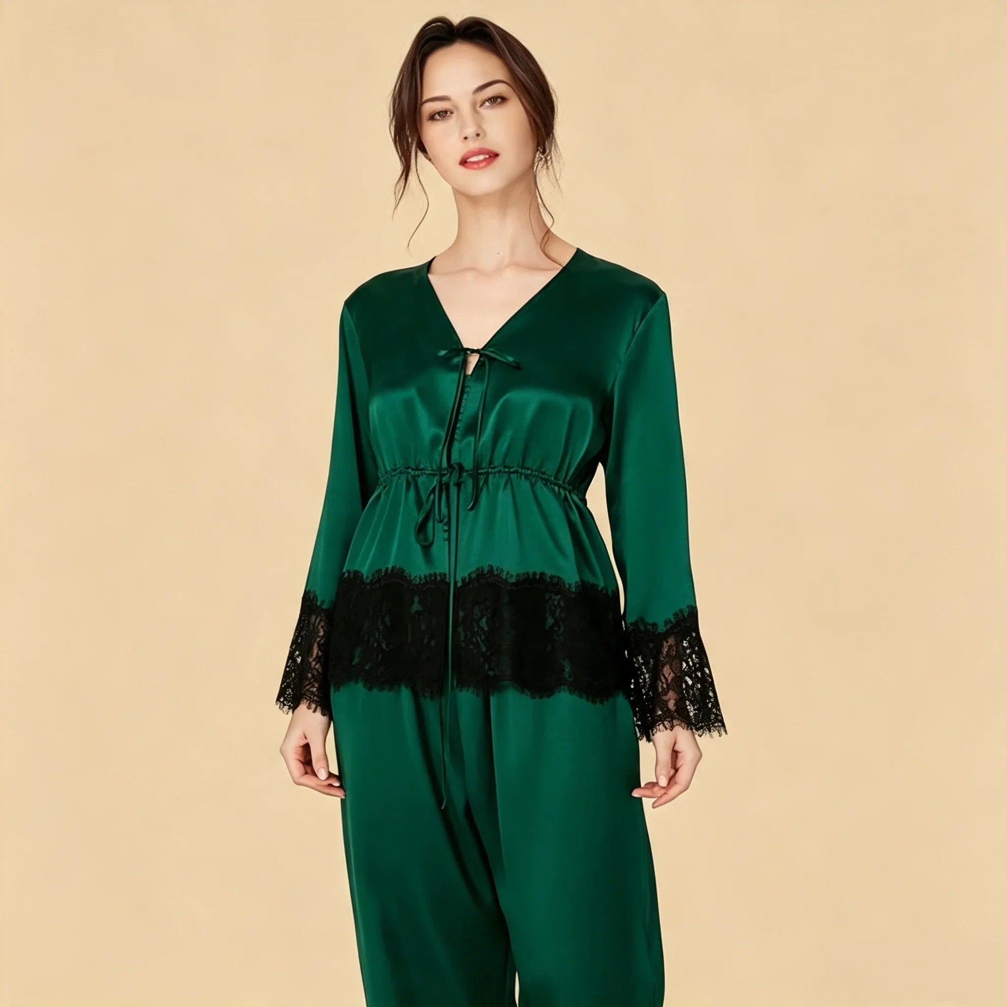 100% Mulberry Silk 16Momme Three-Piece Camisole Set with Lace-Trim and Belt Design