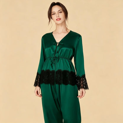 100% Mulberry Silk 16Momme Three-Piece Camisole Set with Lace-Trim and Belt Design