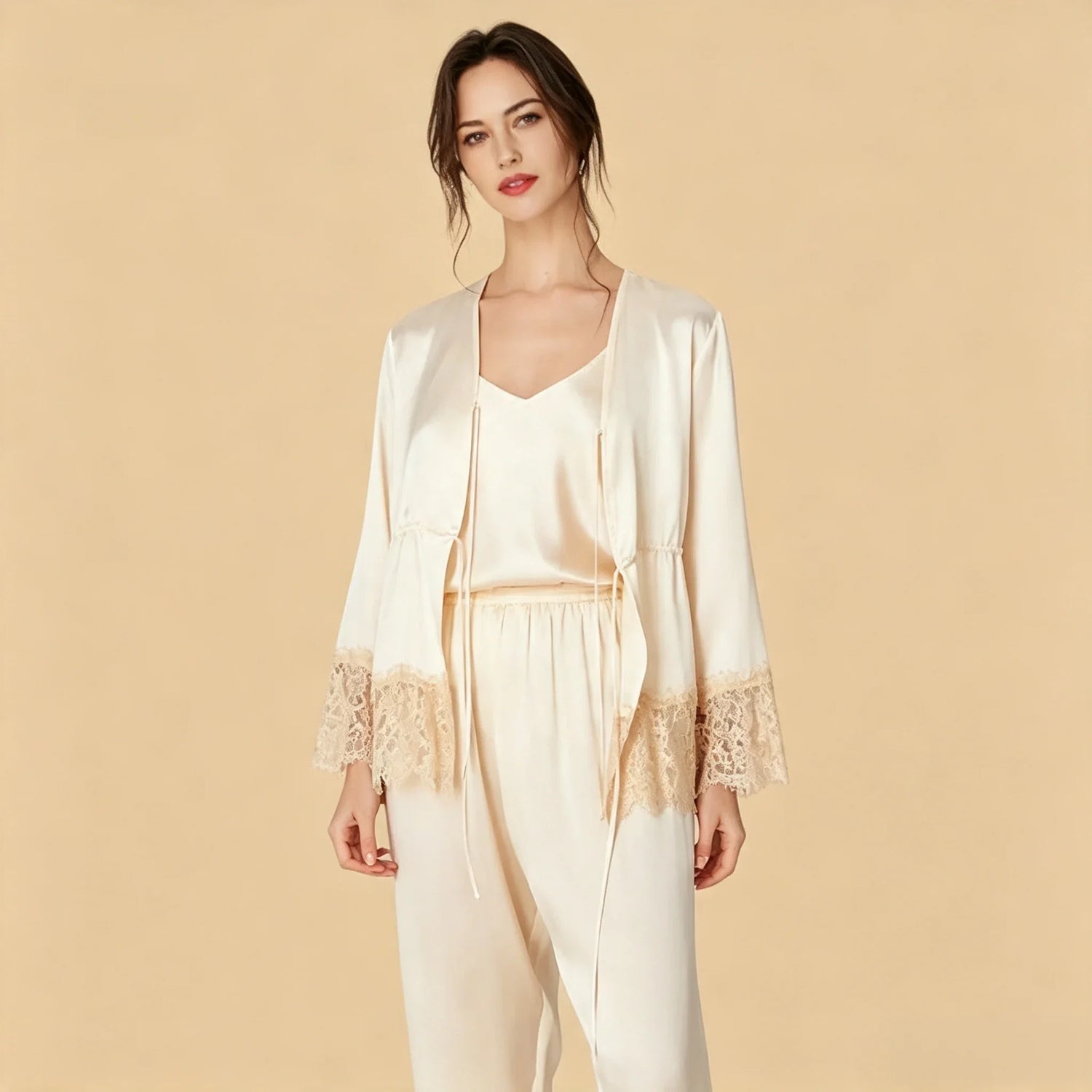 100% Mulberry Silk 16Momme Three-Piece Camisole Set with Lace-Trim and Belt Design