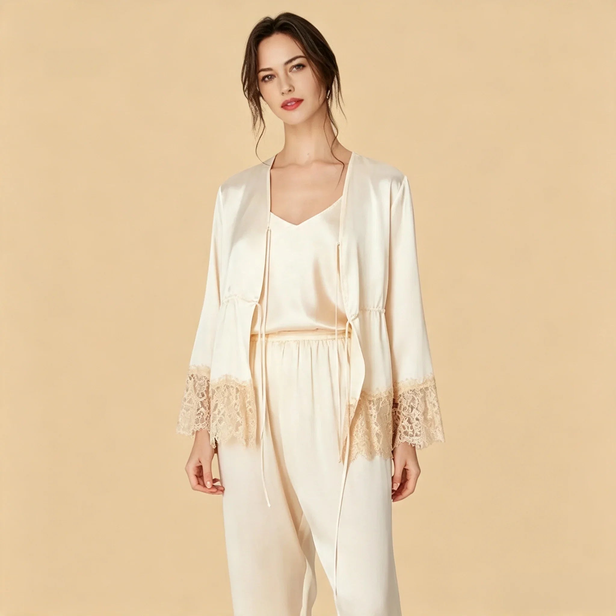 100% Mulberry Silk 16Momme Three-Piece Camisole Set with Lace-Trim and Belt Design