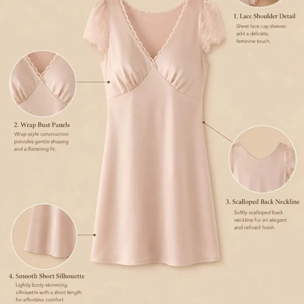 100% Mulberry Silk 16Momme V-Neck Knee Nightgown with Lace Sleeve