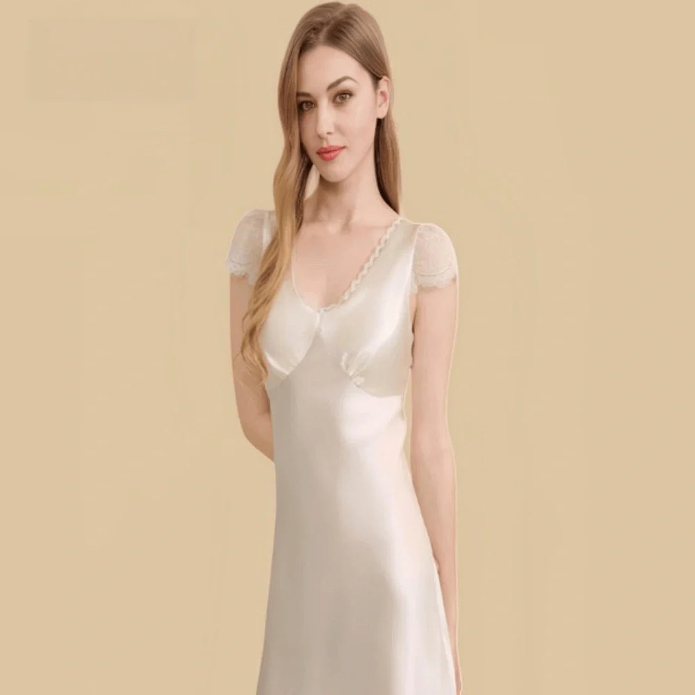 100% Mulberry Silk 16Momme V-Neck Knee Nightgown with Lace Sleeve