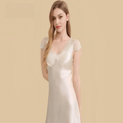 100% Mulberry Silk 16Momme V-Neck Knee Nightgown with Lace Sleeve