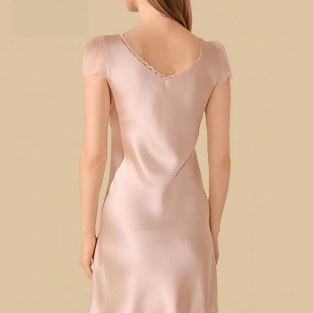 100% Mulberry Silk 16Momme V-Neck Knee Nightgown with Lace Sleeve