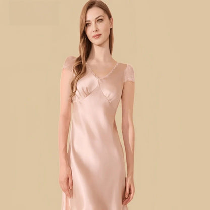 100% Mulberry Silk 16Momme V-Neck Knee Nightgown with Lace Sleeve