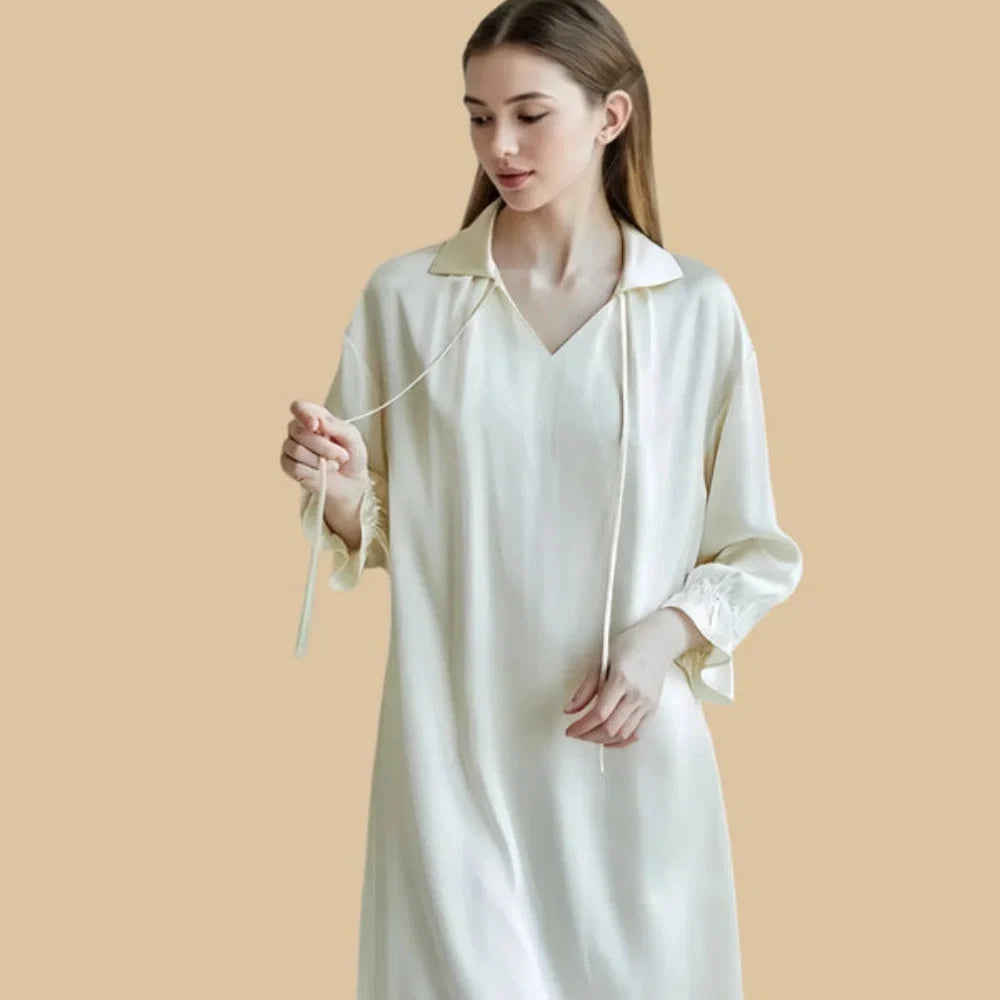 100% Mulberry Silk 16Momme V-Neck Long Sleeve Nightgown with Tie Collar