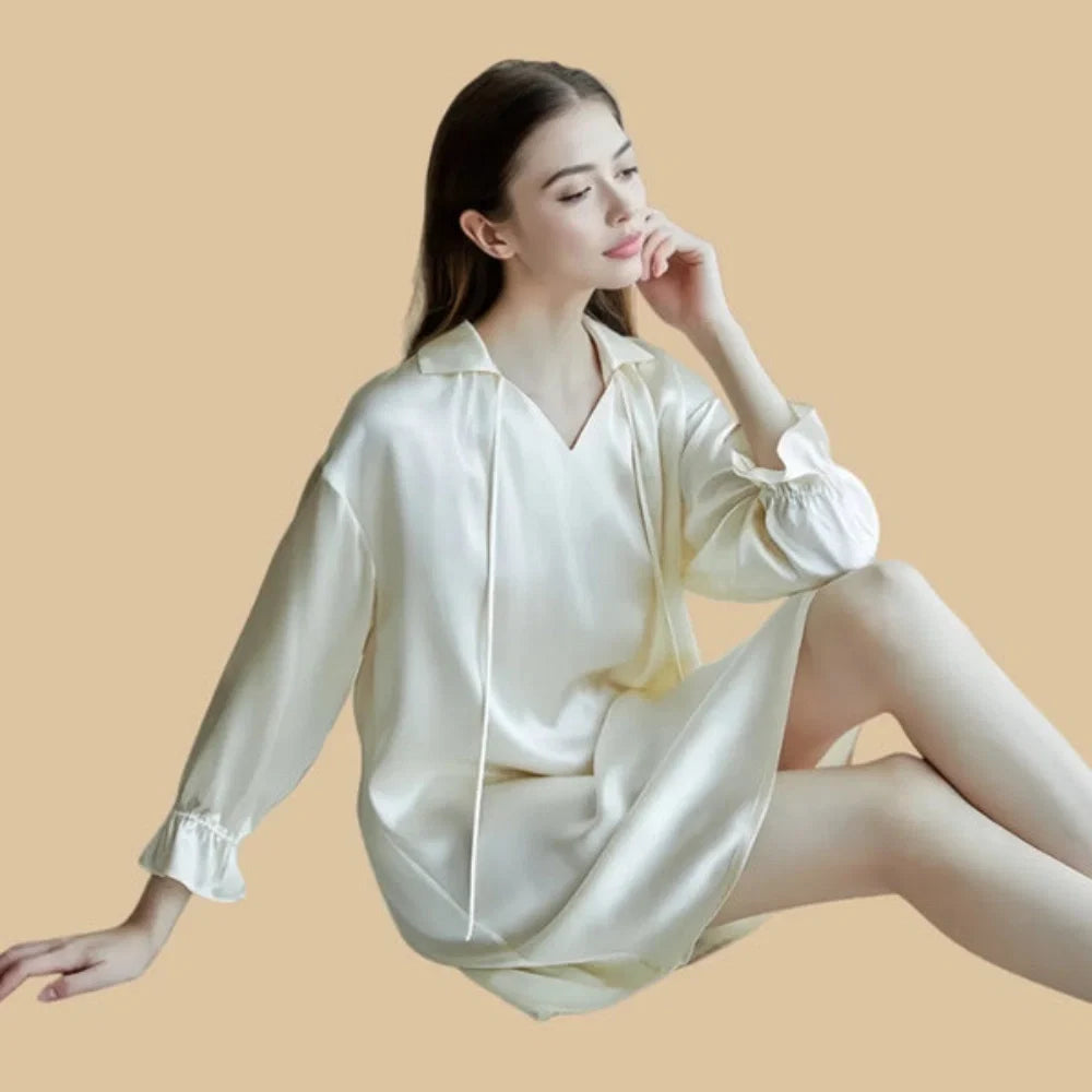 100% Mulberry Silk 16Momme V-Neck Long Sleeve Nightgown with Tie Collar
