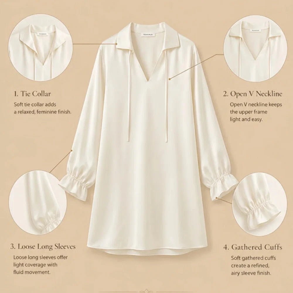 100% Mulberry Silk 16Momme V-Neck Long Sleeve Nightgown with Tie Collar