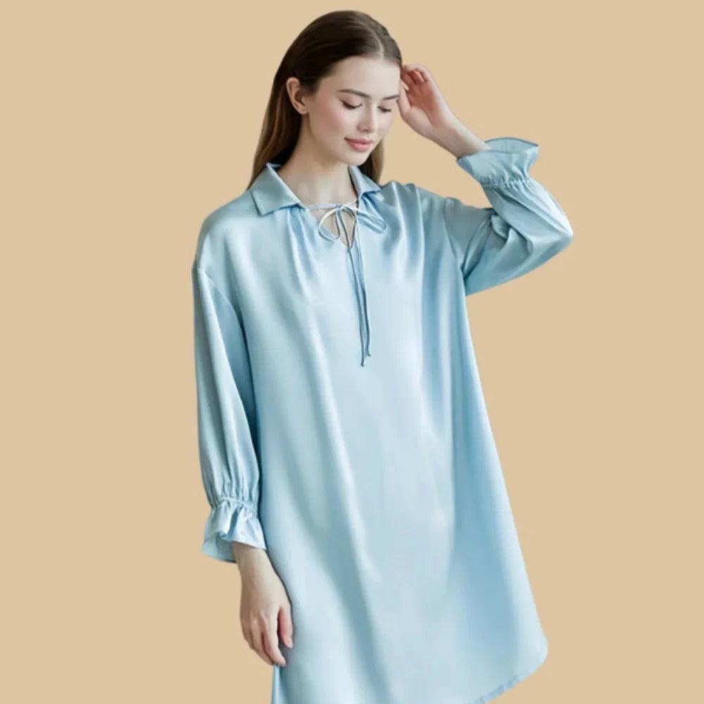 100% Mulberry Silk 16Momme V-Neck Long Sleeve Nightgown with Tie Collar
