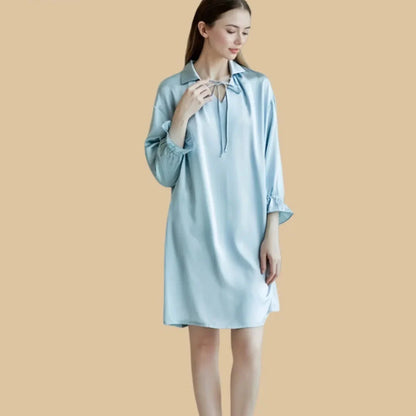 100% Mulberry Silk 16Momme V-Neck Long Sleeve Nightgown with Tie Collar