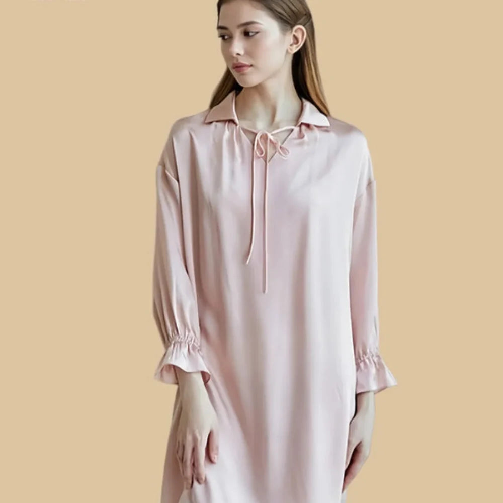 100% Mulberry Silk 16Momme V-Neck Long Sleeve Nightgown with Tie Collar