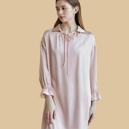 100% Mulberry Silk 16Momme V-Neck Long Sleeve Nightgown with Tie Collar