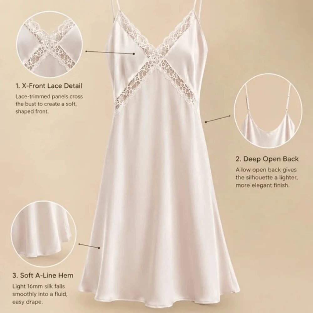 100% Mulberry Silk 16Momme V-Neck Mini Nightgown with Open Back