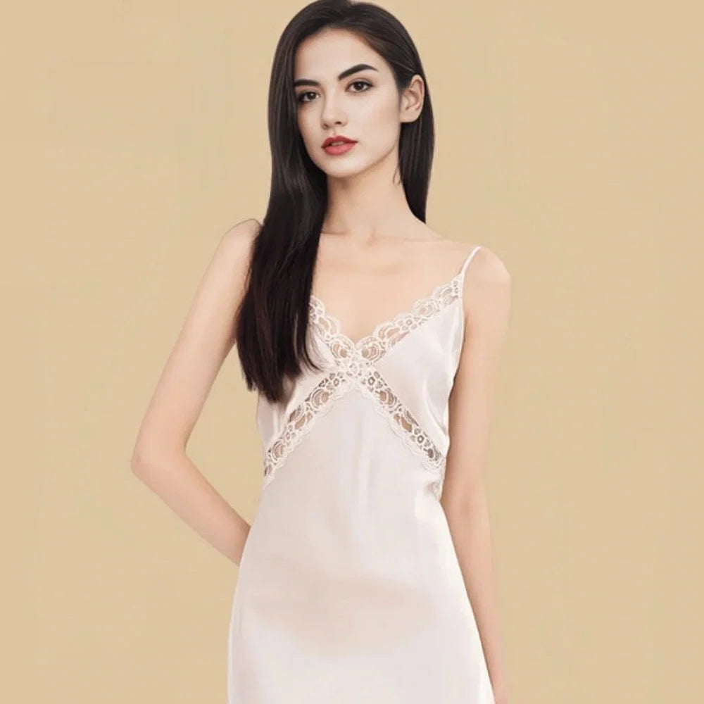 100% Mulberry Silk 16Momme V-Neck Mini Nightgown with Open Back