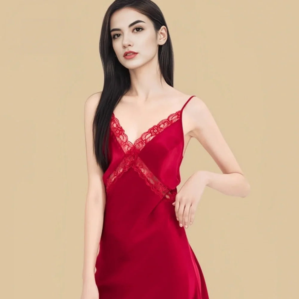 100% Mulberry Silk 16Momme V-Neck Mini Nightgown with Open Back