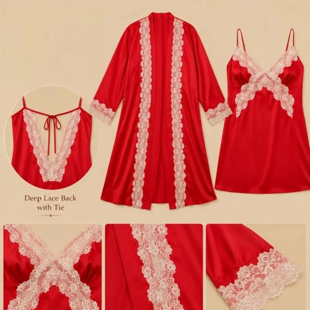 100% Mulberry Silk 16Momme V-Neck Nightgown &amp; Robe Set with Lace Design