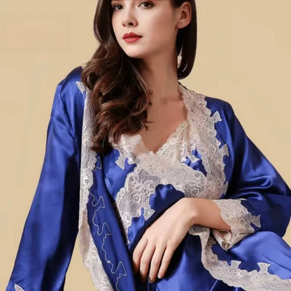 100% Mulberry Silk 16Momme V-Neck Nightgown &amp; Robe Set with Lace Design