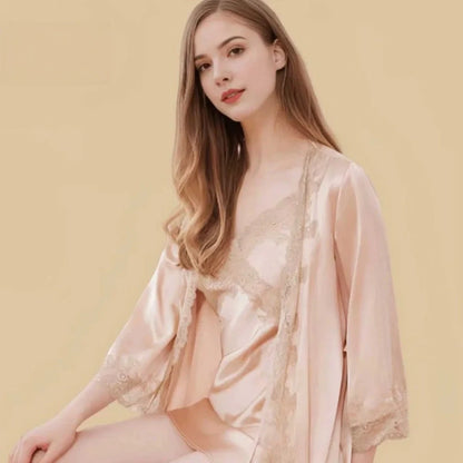 100% Mulberry Silk 16Momme V-Neck Nightgown &amp; Robe Set with Lace Design