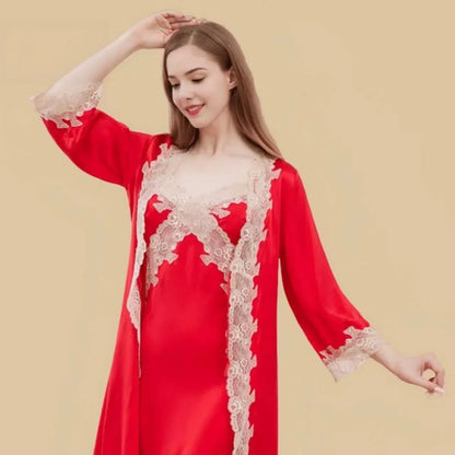 100% Mulberry Silk 16Momme V-Neck Nightgown &amp; Robe Set with Lace Design