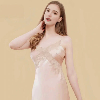 100% Mulberry Silk 16Momme V-Neck Nightgown &amp; Robe Set with Lace Design