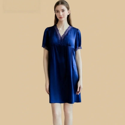 100% Mulberry Silk 16Momme V-Neck Short Nightgown with Lace and Empire Waist