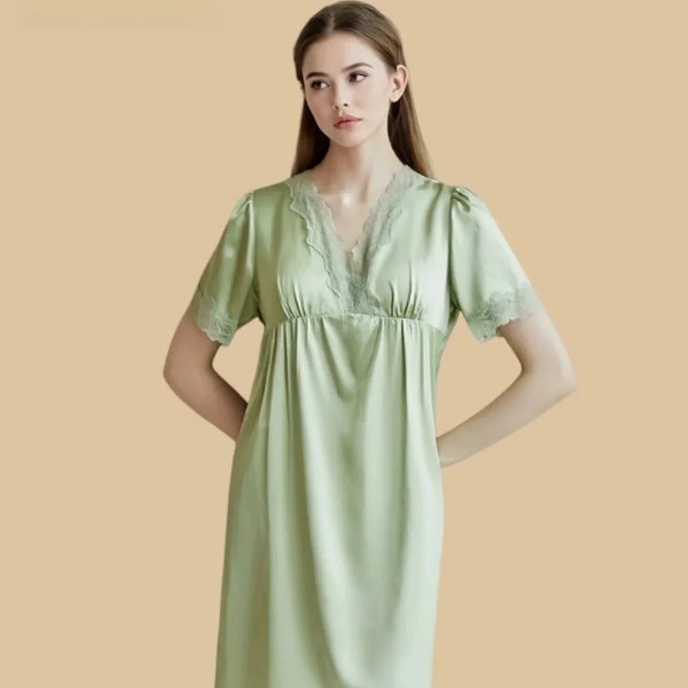 100% Mulberry Silk 16Momme V-Neck Short Nightgown with Lace and Empire Waist