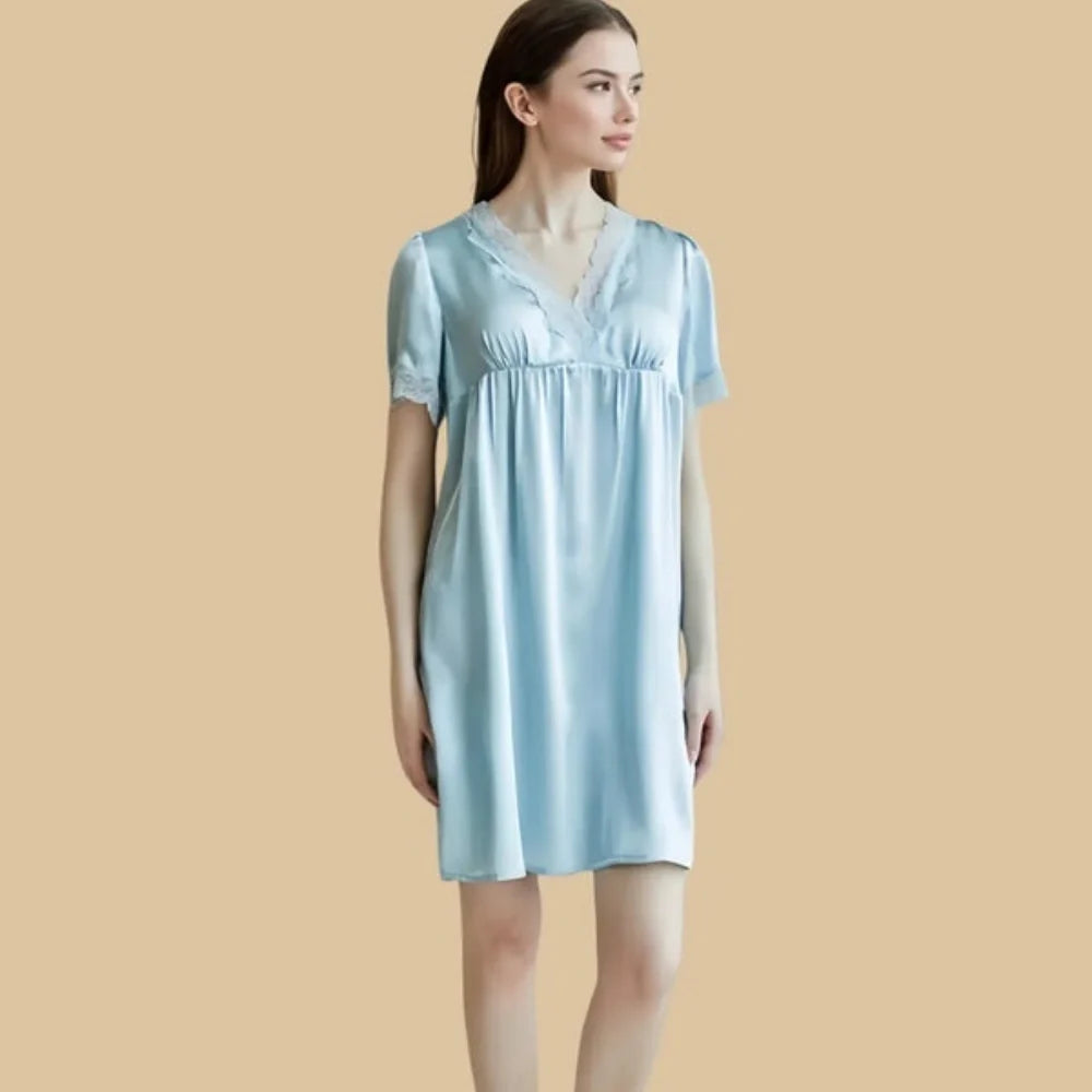 100% Mulberry Silk 16Momme V-Neck Short Nightgown with Lace and Empire Waist