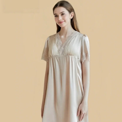 100% Mulberry Silk 16Momme V-Neck Short Nightgown with Lace and Empire Waist