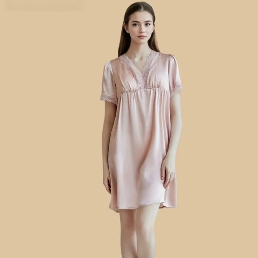 100% Mulberry Silk 16Momme V-Neck Short Nightgown with Lace and Empire Waist