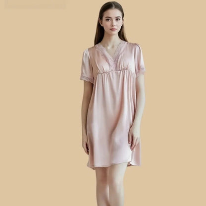 100% Mulberry Silk 16Momme V-Neck Short Nightgown with Lace and Empire Waist
