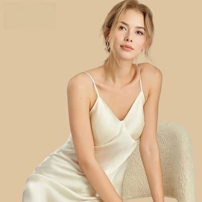 100% Mulberry Silk 16Momme V-Neck Spaghetti Strap Nightgown with Lace Back