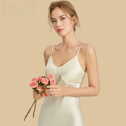 100% Mulberry Silk 16Momme V-Neck Spaghetti Strap Nightgown with Lace Back