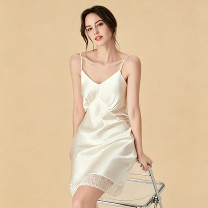 100% Mulberry Silk 16Momme V-Neck Spaghetti Strap Nightgown with Lace Hem