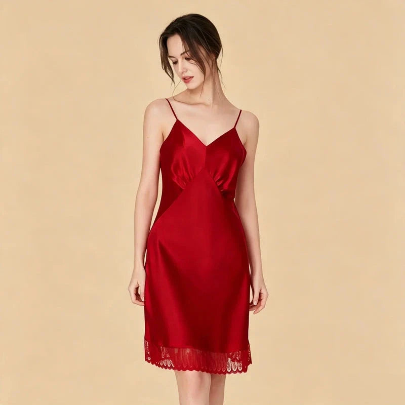 100% Mulberry Silk 16Momme V-Neck Spaghetti Strap Nightgown with Lace Hem