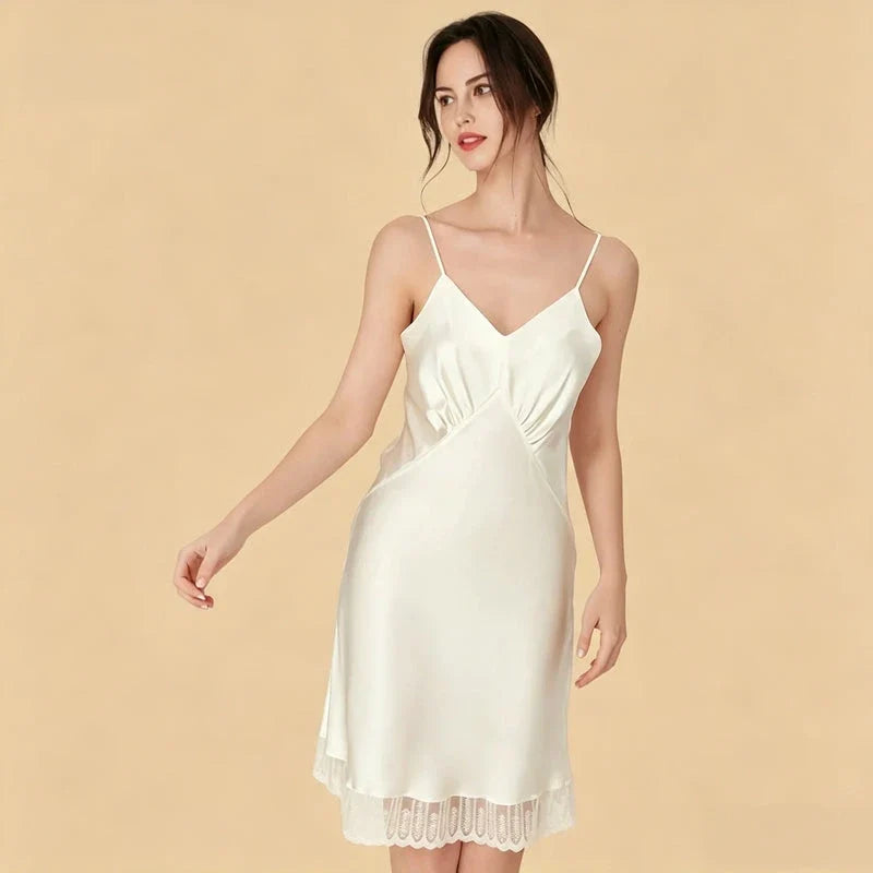 100% Mulberry Silk 16Momme V-Neck Spaghetti Strap Nightgown with Lace Hem