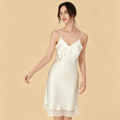 100% Mulberry Silk 16Momme V-Neck Spaghetti Strap Nightgown with Lace Hem