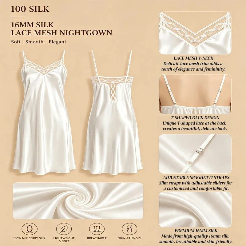 100% Mulberry Silk 16Momme V-Neck Spaghetti Strap Nightgown with Lace Hem