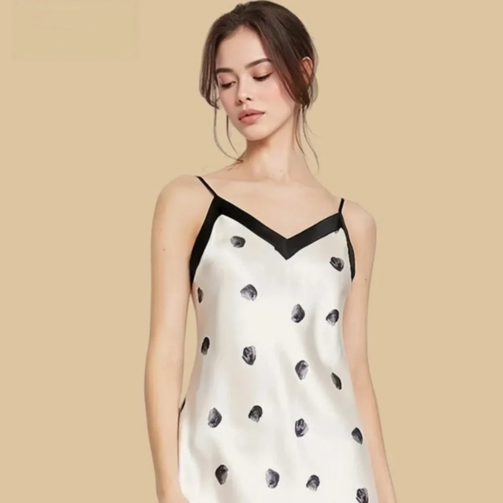 100% Mulberry Silk 16Momme V-Neck Spaghetti Strap Nightgown with Polka Dot Design