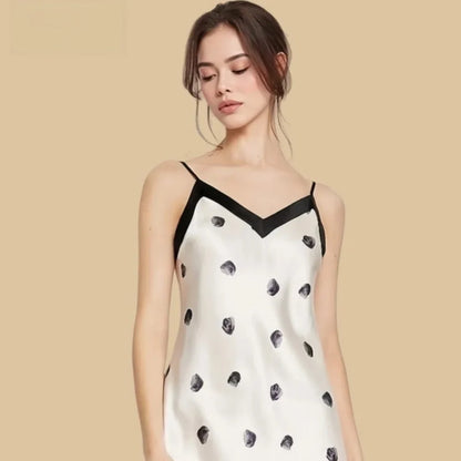 100% Mulberry Silk 16Momme V-Neck Spaghetti Strap Nightgown with Polka Dot Design