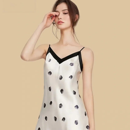 100% Mulberry Silk 16Momme V-Neck Spaghetti Strap Nightgown with Polka Dot Design