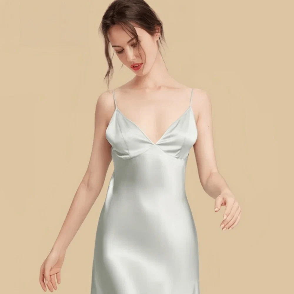 100% Mulberry Silk 16Momme V-Neck Spaghetti Strap Short Nightgown