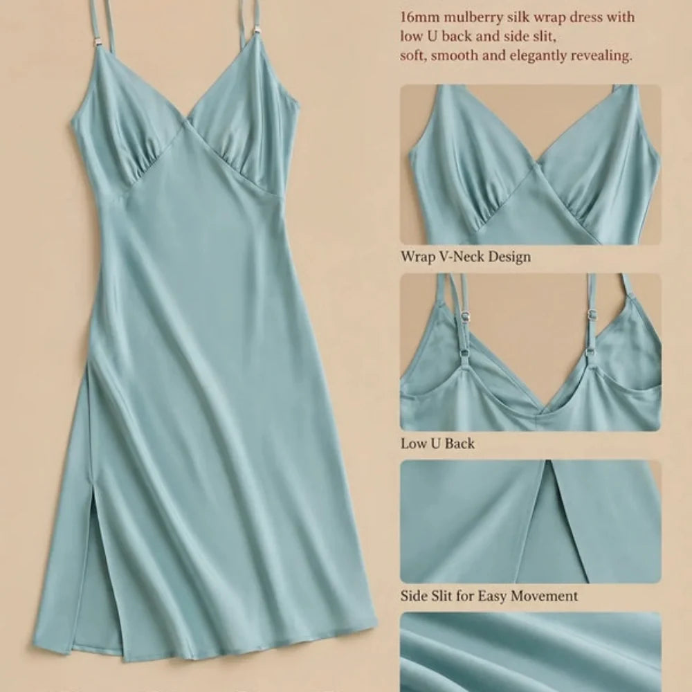 100% Mulberry Silk 16Momme V-neck Spaghetti Strap Midi Nightgown with Side Slit Design