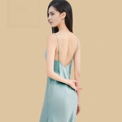 100% Mulberry Silk 16Momme V-neck Spaghetti Strap Midi Nightgown with Side Slit Design
