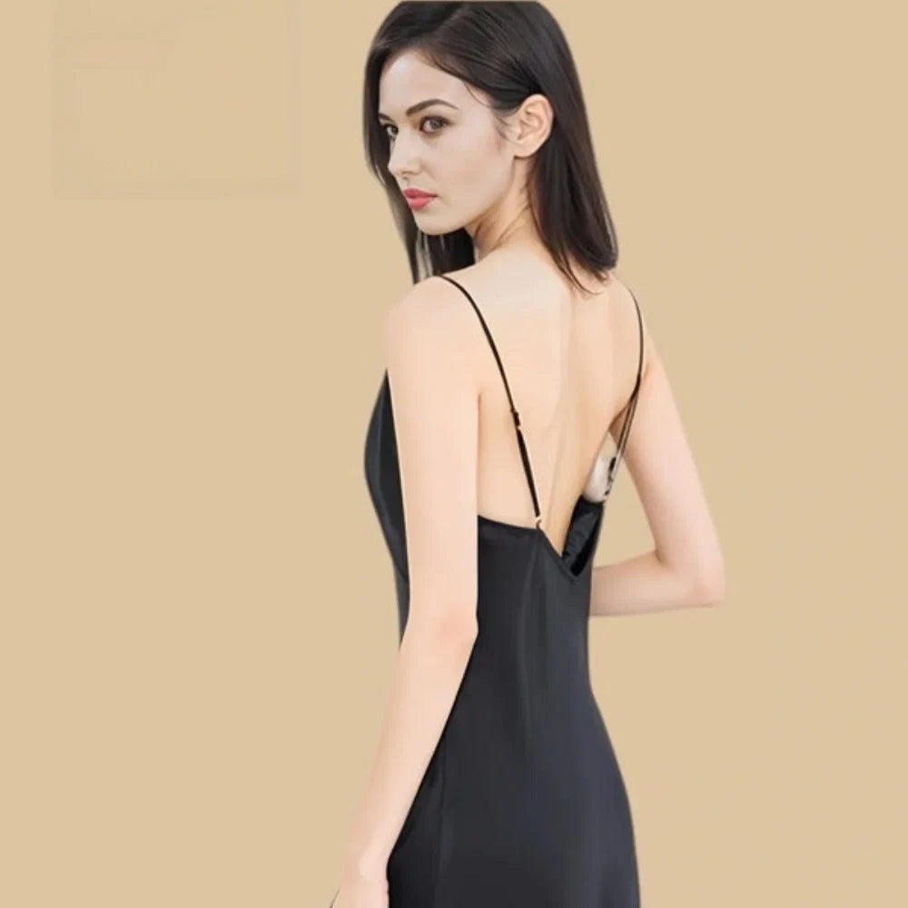 100% Mulberry Silk 16Momme V-neck Spaghetti Strap Midi Nightgown with Side Slit Design