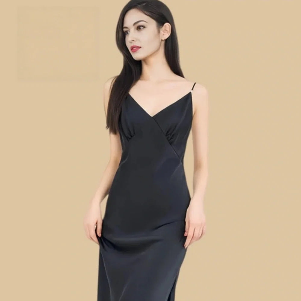 100% Mulberry Silk 16Momme V-neck Spaghetti Strap Midi Nightgown with Side Slit Design