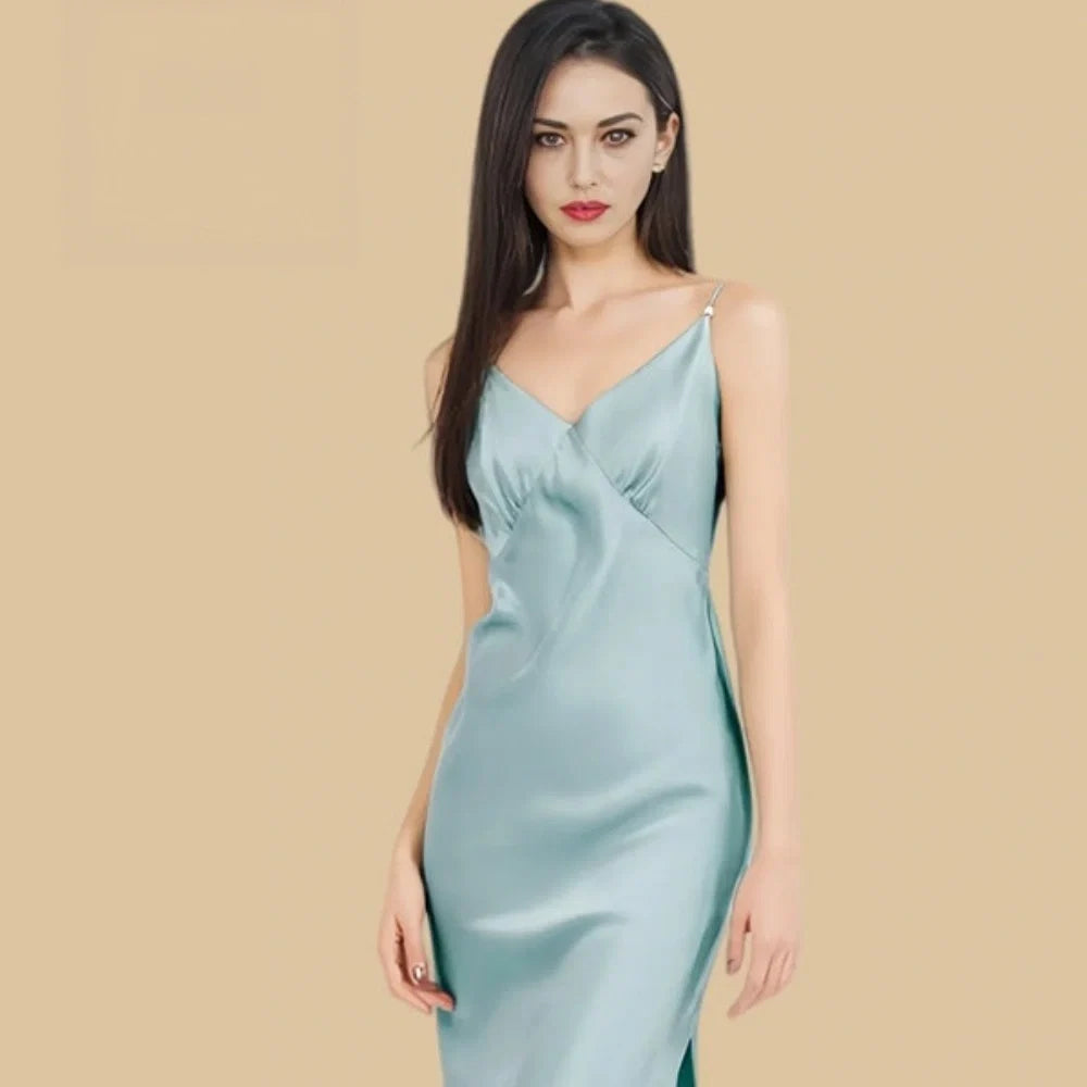100% Mulberry Silk 16Momme V-neck Spaghetti Strap Midi Nightgown with Side Slit Design