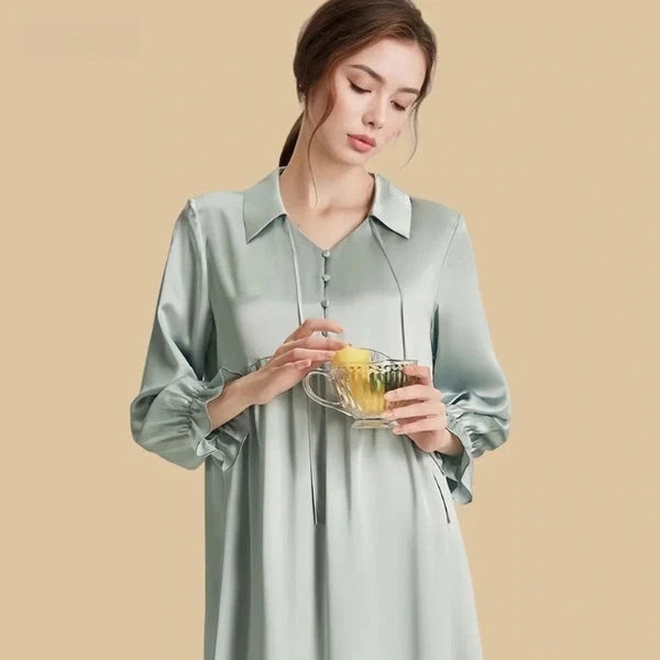 100% Mulberry Silk 16Momme Women Nightshirt with Lantern Sleeves Design